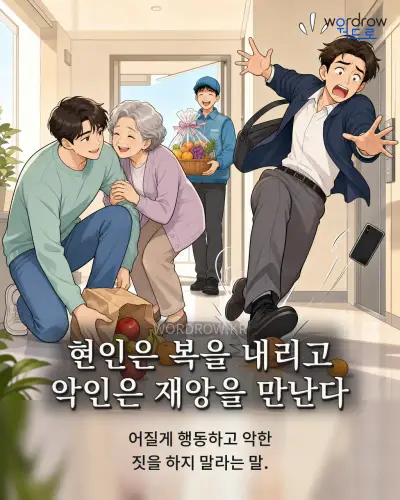 한국어 속담 “현인은 복을 내리고 악인은 재앙을 만난다” 1컷 일러스트
