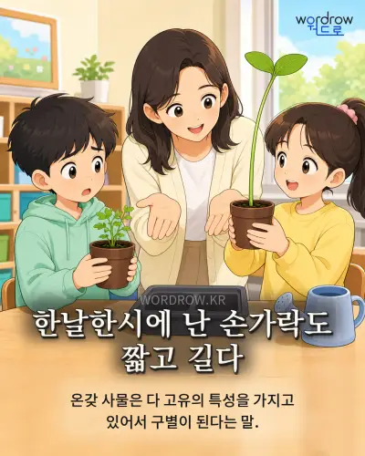 한국어 속담 “한날한시에 난 손가락도 짧고 길다” 1컷 일러스트