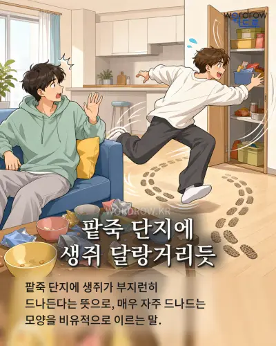 한국어 속담 “팥죽 단지에 생쥐 달랑거리듯” 1컷 일러스트