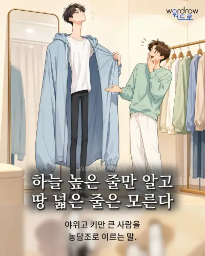 한국어 속담 “하늘 높은 줄만 알고 땅 넓은 줄은 모른다” 1컷 일러스트