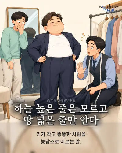 한국어 속담 “하늘 높은 줄은 모르고 땅 넓은 줄만 안다” 1컷 일러스트