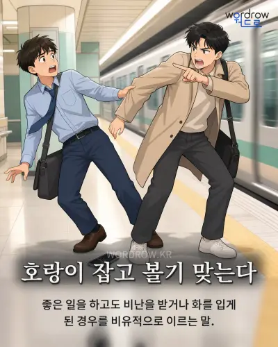 한국어 속담 “호랑이 잡고 볼기 맞는다” 1컷 일러스트
