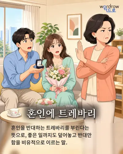 한국어 속담 “혼인에 트레바리”를 한 장면으로 담은 1컷 일러스트