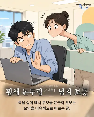 한국어 속담 “황새 논두렁[여울목] 넘겨 보듯” 1컷 일러스트