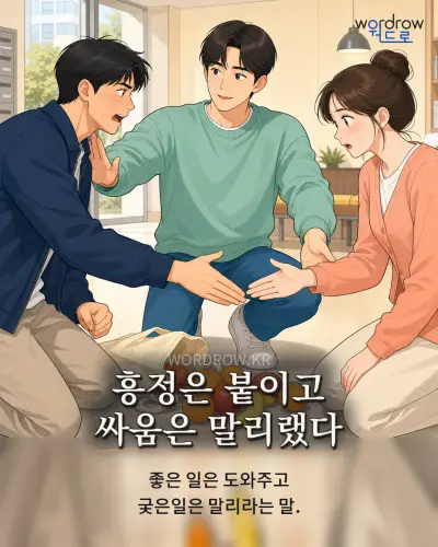 한국어 속담 “흥정은 붙이고 싸움은 말리랬다” 1컷 일러스트