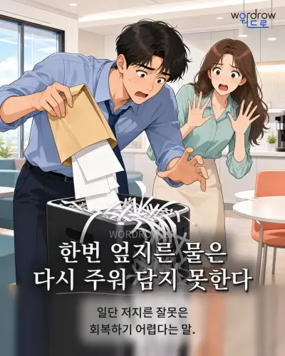 한국어 속담 “한번 엎지른 물은 다시 주워 담지 못한다”를 한 장면으로 담은 1컷 일러스트