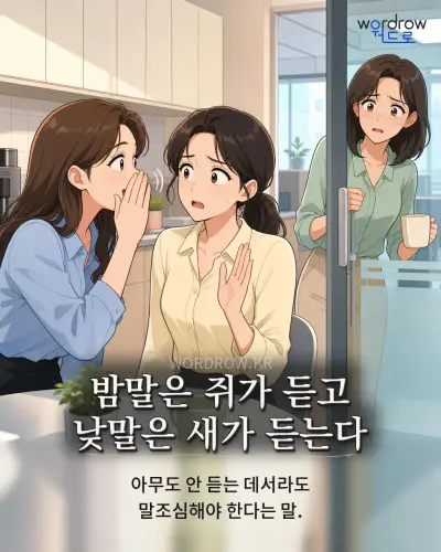 한국어 속담 “밤말은 쥐가 듣고 낮말은 새가 듣는다” 1컷 일러스트