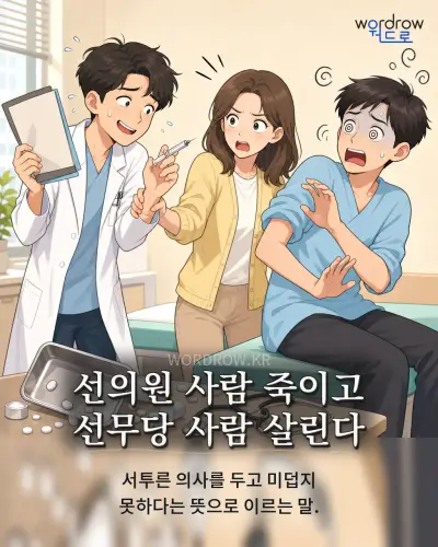 한국어 속담 “선의원 사람 죽이고 선무당 사람 살린다”를 한 장면으로 담은 1컷 일러스트