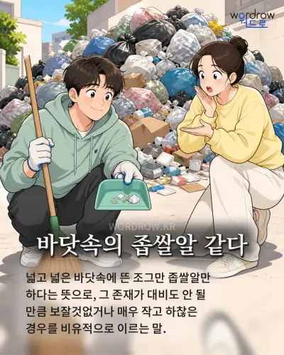 한국어 속담 “바닷속의 좁쌀알 같다”를 한 장면으로 담은 1컷 일러스트