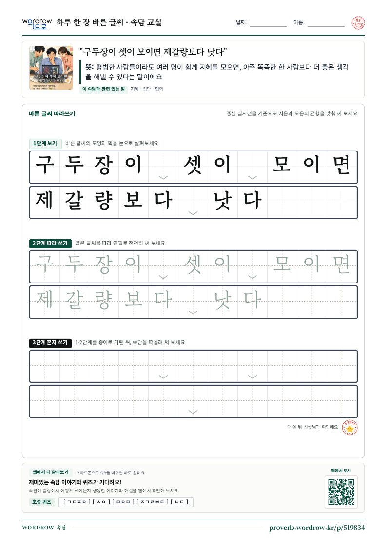 “구두장이 셋이 모이면 제갈량보다 낫다” 바른 글씨 따라쓰기 학습지 A4 미리보기