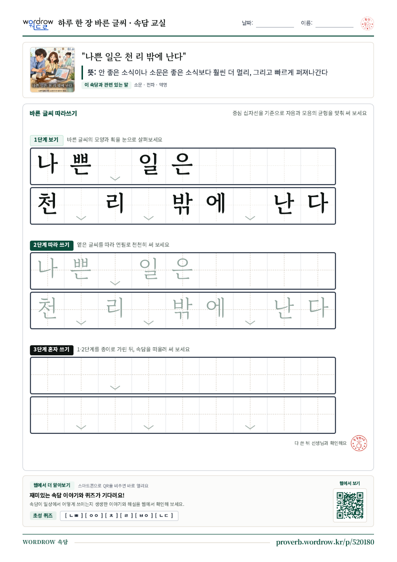 “나쁜 일은 천 리 밖에 난다” 바른 글씨 따라쓰기 학습지 A4 미리보기