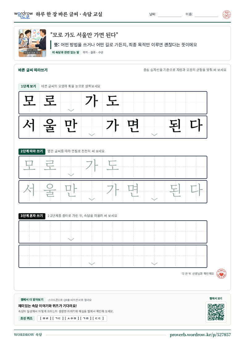 “모로 가도 서울만 가면 된다” 바른 글씨 따라쓰기 학습지 A4 미리보기