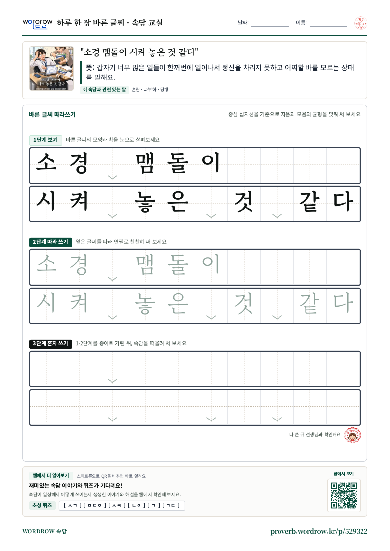 “소경 맴돌이 시켜 놓은 것 같다” 바른 글씨 따라쓰기 학습지 A4 미리보기