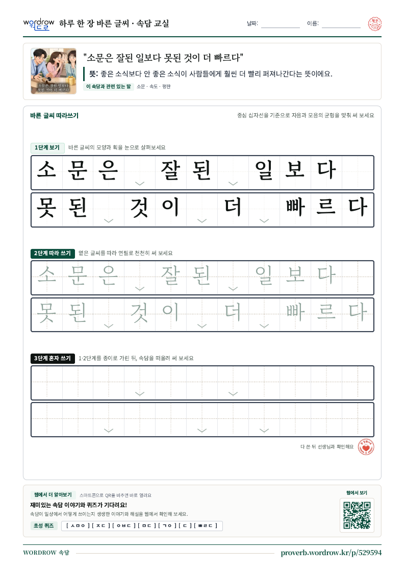 “소문은 잘된 일보다 못된 것이 더 빠르다” 바른 글씨 따라쓰기 학습지 A4 미리보기